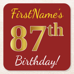 Rood, Faux Gold 87th Birthday + Eigen naam Vierkante Kartonnen Onderzetter