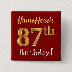 Rood, Faux Gold 87th Birthday, met aangepaste naam Vierkante Button 5,1 Cm