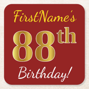 Rood, Faux Gold 88th Birthday + Eigen naam Vierkante Kartonnen Onderzetter
