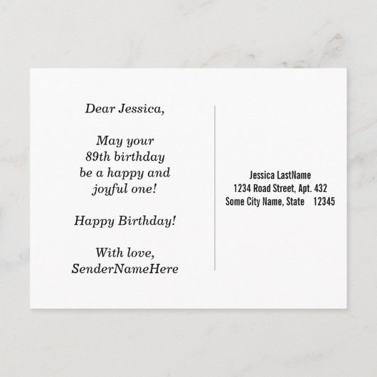 Rood, Faux Gold 89th Birthday + Eigen naam Briefkaart (Achterkant)