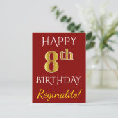 Rood, Faux Gold 8th Birthday + Eigen naam Briefkaa Briefkaart (Staand voorkant)