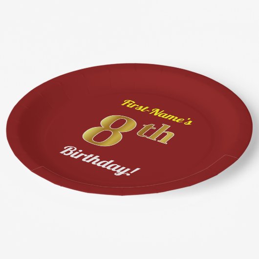 Rood, Faux Gold 8th Birthday + Eigen naam Papieren Bordje (Gekanteld)