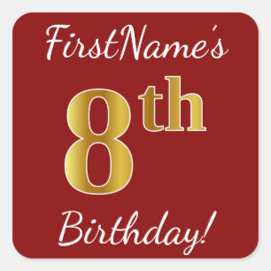 Rood, Faux Gold 8th Birthday + Eigen naam Sticker