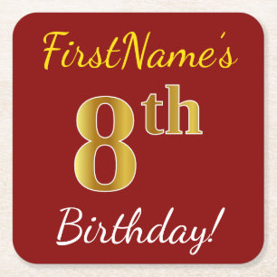 Rood, Faux Gold 8th Birthday + Eigen naam Vierkante Kartonnen Onderzetter
