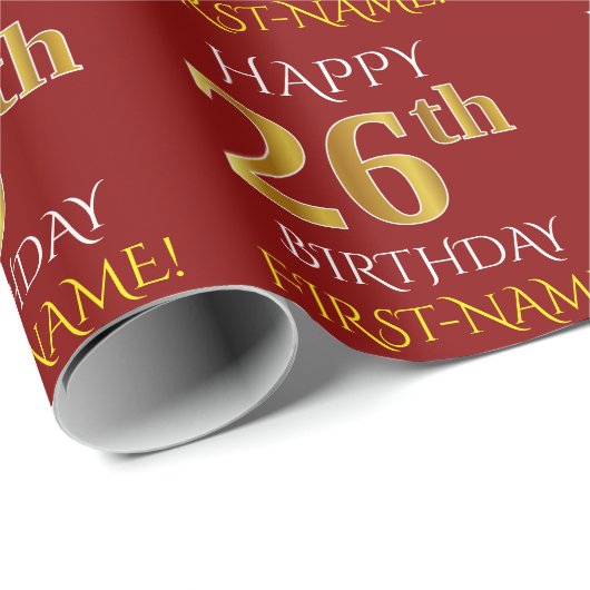 Rood, Faux Gold "HAPPY 26th BIRTHDAY" Cadeaupapier (Rol Hoek)