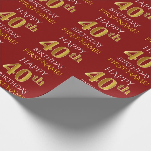 Rood, Faux Gold "HAPPY 40th BIRTHDAY" Cadeaupapier (Hoek)