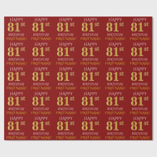 Rood, Faux Gold "HAPPY 81st BIRTHDAY" Cadeaupapier (Vlak)