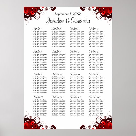 Rood Floral & White 16 Wedding Tables Seating Char Poster (Voorkant)