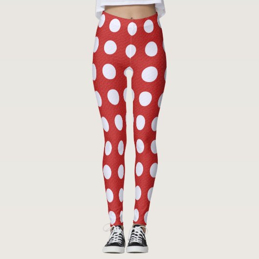 Rood Fractal-stijl - Witte Fractal-stijl Polka Dot Leggings (Voorkant)