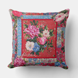 Rood geborduurd-look Chinoiserie Peony Patchwork Kussen