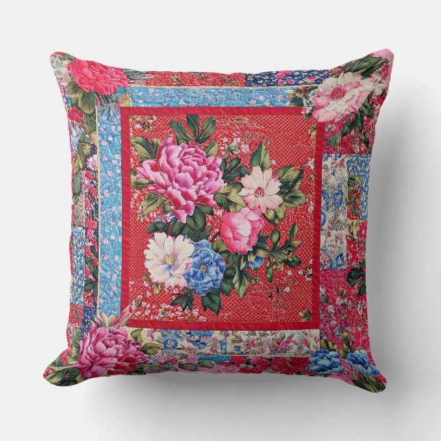 Rood geborduurd-look Chinoiserie Peony Patchwork Kussen (Voorkant)