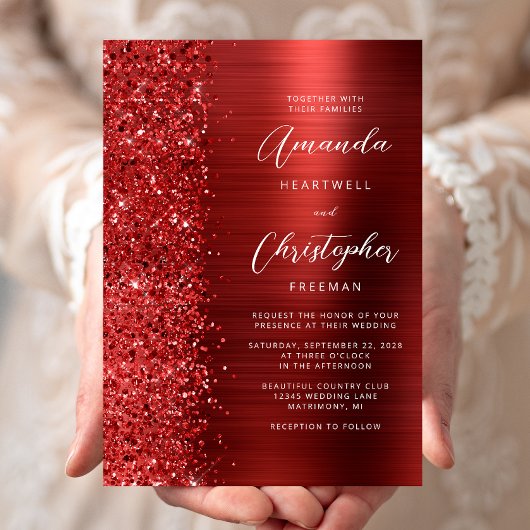 Rood Geborsteld Metaal Glitter Script Bruiloft Kaart