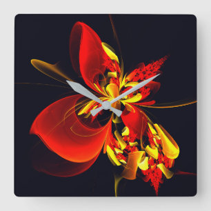 Rood Geel Bloemen Modern Abstract Kunstpatroon #10 Vierkante Klok