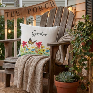 Rood Geel en Blauw Bloemmotief met Vlinder  Buitenkussen