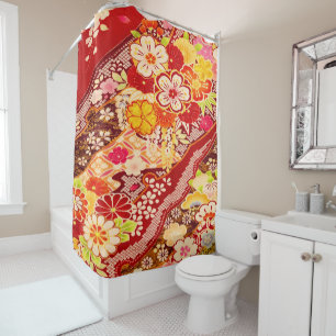 Rood Geel Japans Kimono Bloembloem Douchegordijn