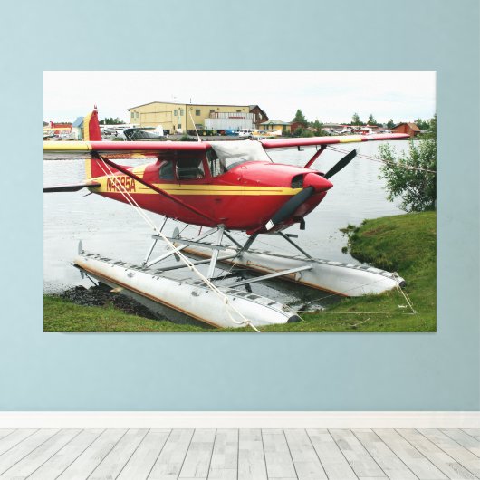 Rood & Geel Vloervliegtuig, Lake Hood, Alaska Canvas Afdruk (Insitu (Houten vloer))
