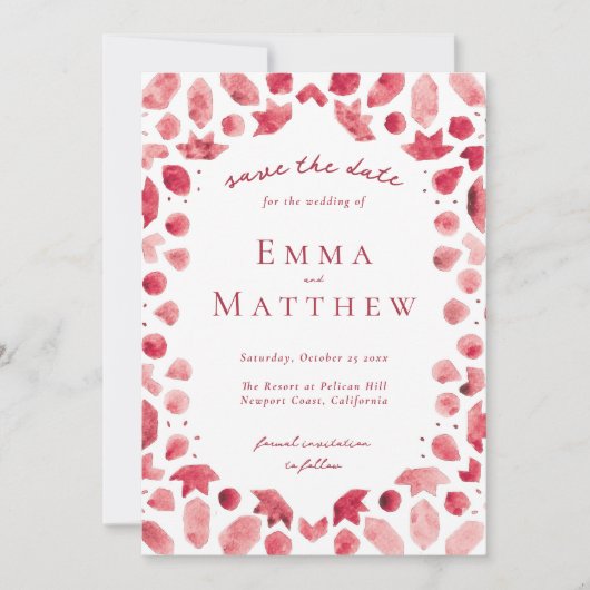 Rood Geometrisch Ingewikkeld Patroon met QR Save The Date (Voorkant)