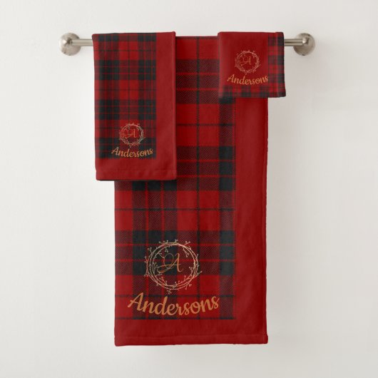 Rood geruite met familienaam Monogram Kerst Bad Handdoek (Insitu)