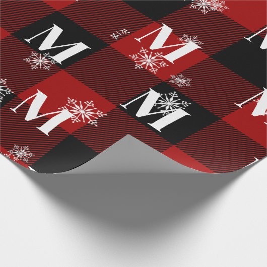Rood geruite & sneeuwvlokken Monogram Initiaal Win Cadeaupapier (Hoek)