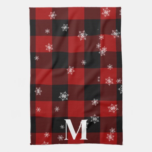 Rood geruite & sneeuwvlokken Monogram Initiaal Win Theedoek (Verticaal)