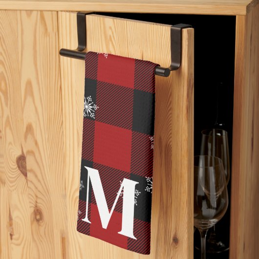 Rood geruite & sneeuwvlokken Monogram Initiaal Win Theedoek (Derde Gevouwen)