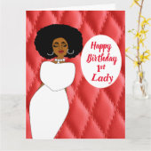 Rood gewatteerde Afro-Amerikaanse 1e Dame Verjaard Kaart (Gele Bloem)