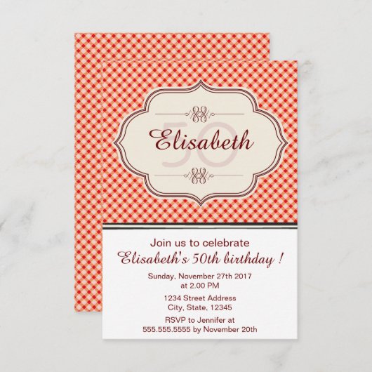 Rood gingham kalligrafie kaart (Voorkant / Achterkant)