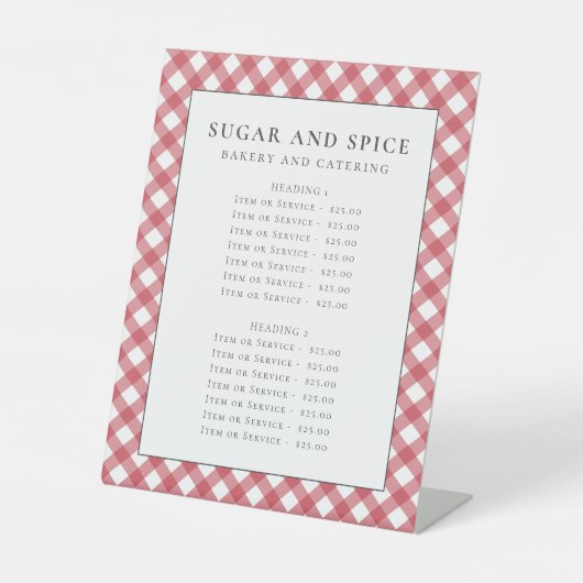 Rood gingham menu, productlijst, servicelijst reclamebord met voetstuk (Voorkant)