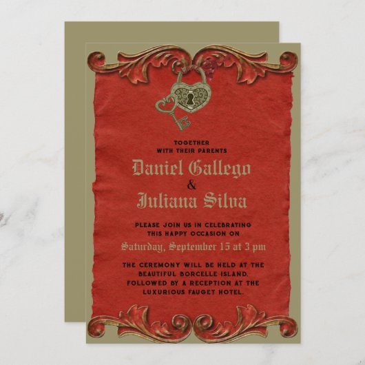 Rood  Gotisch Skelet Key bruiloft uitnodiging (Voorkant / Achterkant)