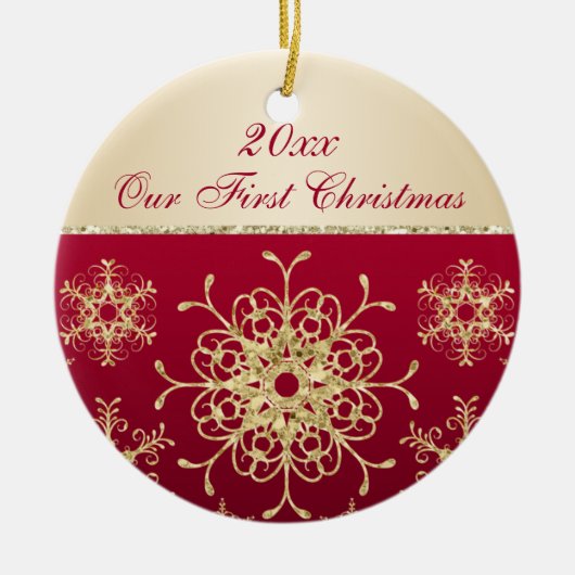 Rood, Goud 1e Kerst Keepsake Ornament (Voorkant)