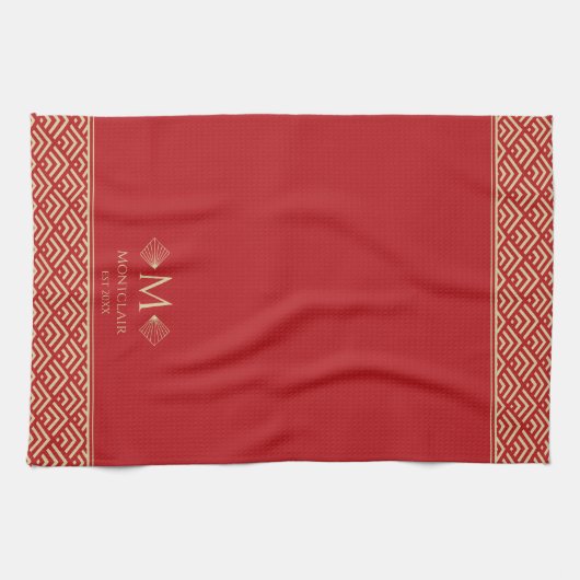 Rood & Goud Art Deco Japanse Fan Custom Monogram Theedoek (Horizontaal)