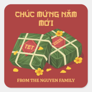 Rood & Goud Banh Chung Vietnamees Tet 2026 Vierkante Sticker