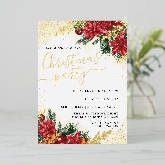 Rood Goud Bladgroen Zakelijk Kerstfeest Folie Uitnodiging (Staand Voorkant)