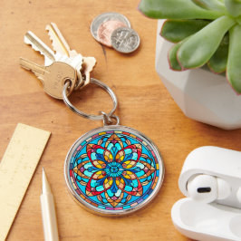 Rood Goud Blauw Mandala Glas in lood Sleutelhanger