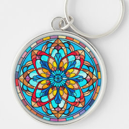Rood Goud Blauw Mandala Glas in lood Sleutelhanger