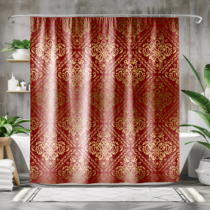 Rood & Goud Bloemen Damast Geometrisch Patroon Douchegordijn