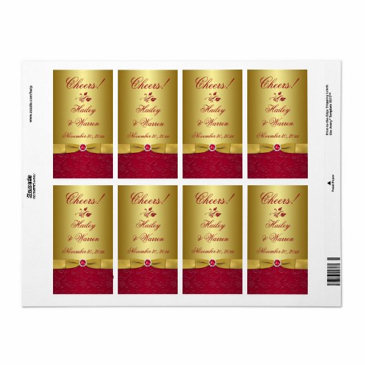 Rood, Goud Bloemen GEDRUKT LINT Trouwlabel Etiket (Full Sheet)