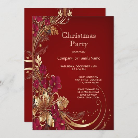 Rood Goud Bloemen Kerstfeest Uitnodiging (Voorkant / Achterkant)