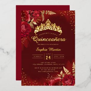 Rood Goud Bloemen Quinceanera Folie Uitnodiging