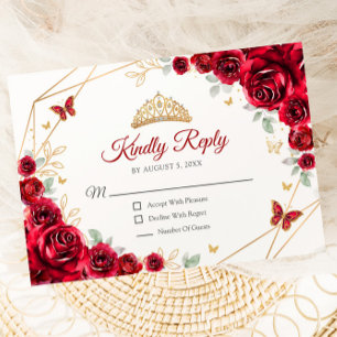 Rood Goud Bloemen Quinceanera Reageer RSVP Kaartje