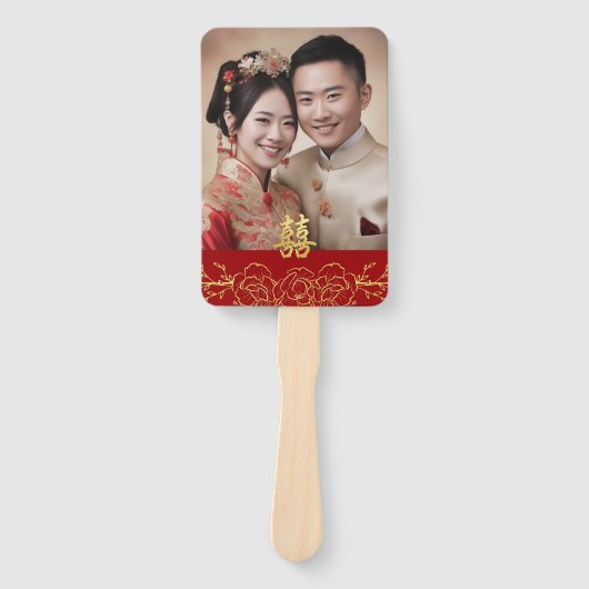 Rood goud bloemenfoto Chinese bruiloft programma Handwaaier (Voorkant)