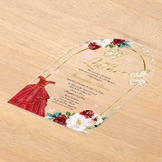 Rood Goud Bloemvlinder Quinceañera Acryl Uitnodigingen (Laagn)