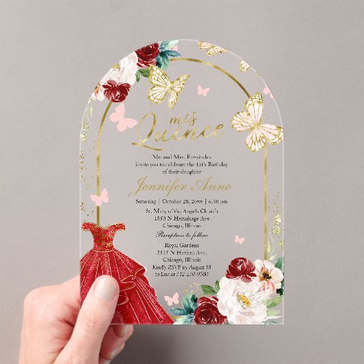 Rood Goud Bloemvlinder Quinceañera Acryl Uitnodigingen (Insitu (Draagbaar))