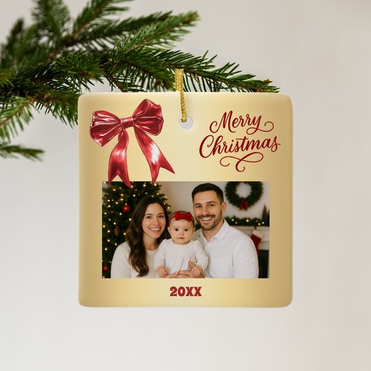 Rood goud boog foto kerst keramisch ornament