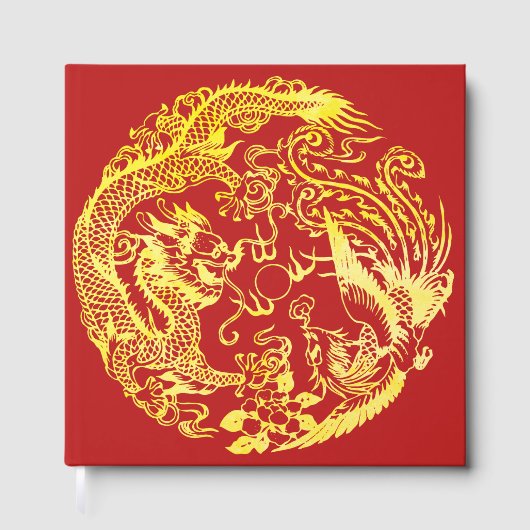 Rood goud Chinees Dragon en Phoenix logo bruiloft Gastenboek (Voorkant)