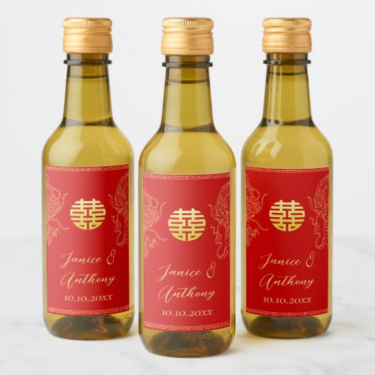Rood goud Chinese bruiloft draak en feniks Wijn Etiket (Flessen)