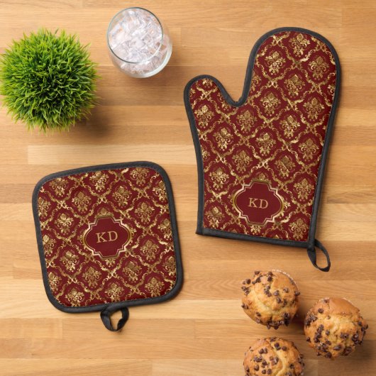 Rood Goud Damast Patroon Monogram Ovenwant & Pannenlap Set (Top down)