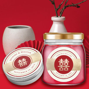 Rood & Goud Dubbel Geluk Chinees Trouwcadeau Ronde Sticker