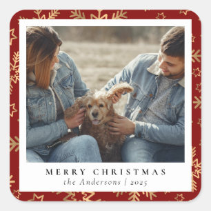 Rood Goud Elegant Vrolijk Kerstfeest Custom Photo Vierkante Sticker