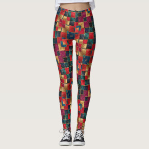 Rood goud en blauwe vierkanten leggings